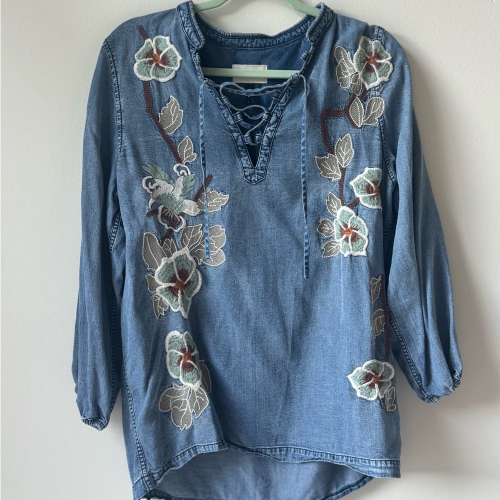 Driftwood Size Large Casey Embroidered Denim Chambray Top Shirt Floral Sz Large
